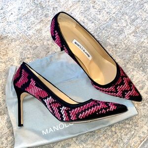 Manolo Blahnik “BB” Pink & Black Silk Fabric Pump- 90mm
